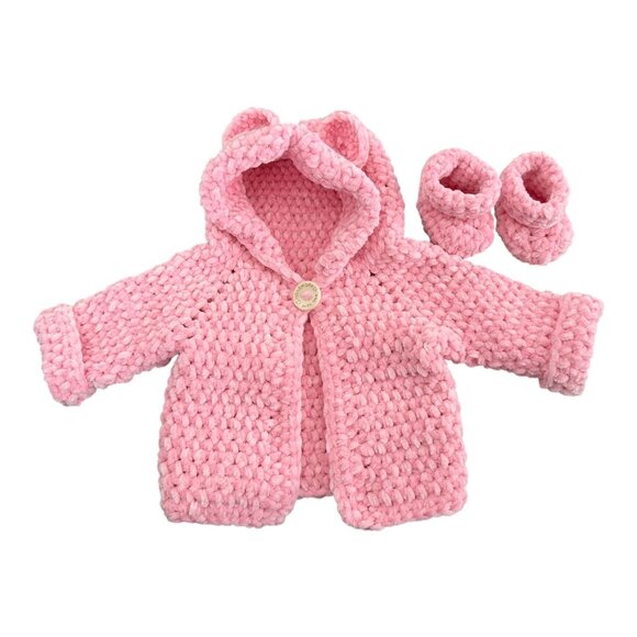 Handmade Other - Handmade Pink Chenille Newborn Baby Hoodie & Booties Set Bear Ears Soft Plush